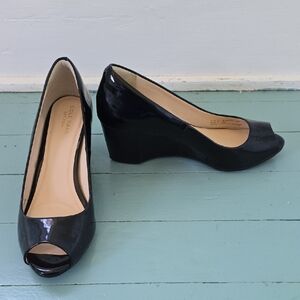 Cole Haan Glossy Black Peep Toe Wedges